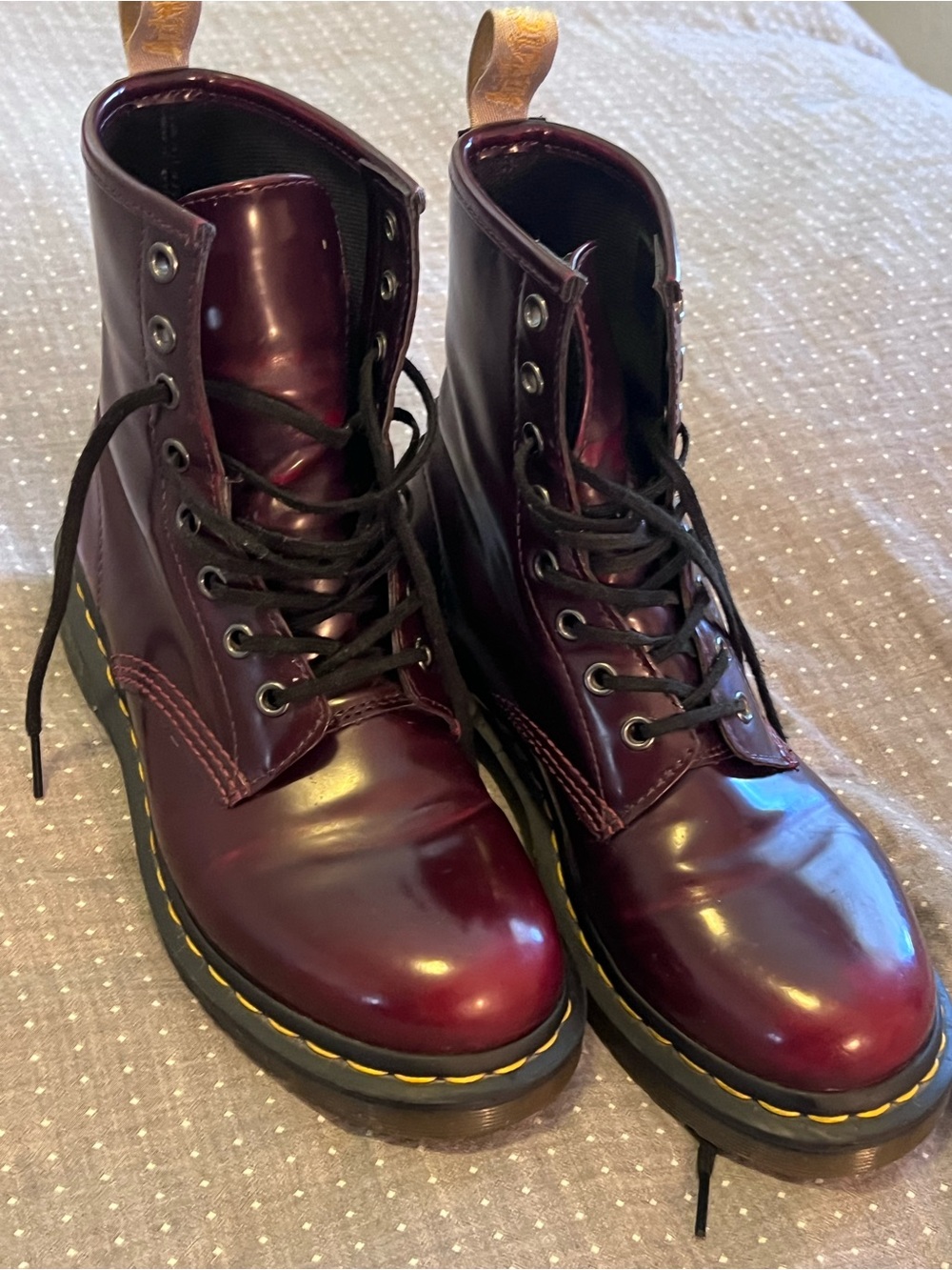 Dr Martens Burgundy Lace-Up Combat Boots with Yellow Stitching